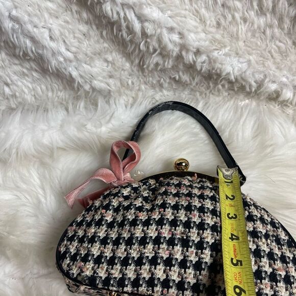Glenda Gies mini Satchel black,ivory ,pink & gold fabr black strap gold frame. - Picture 9 of 16